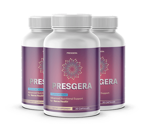 Three bottles of Presgera dietary supplement labeled for advanced nutritional support for nerve health